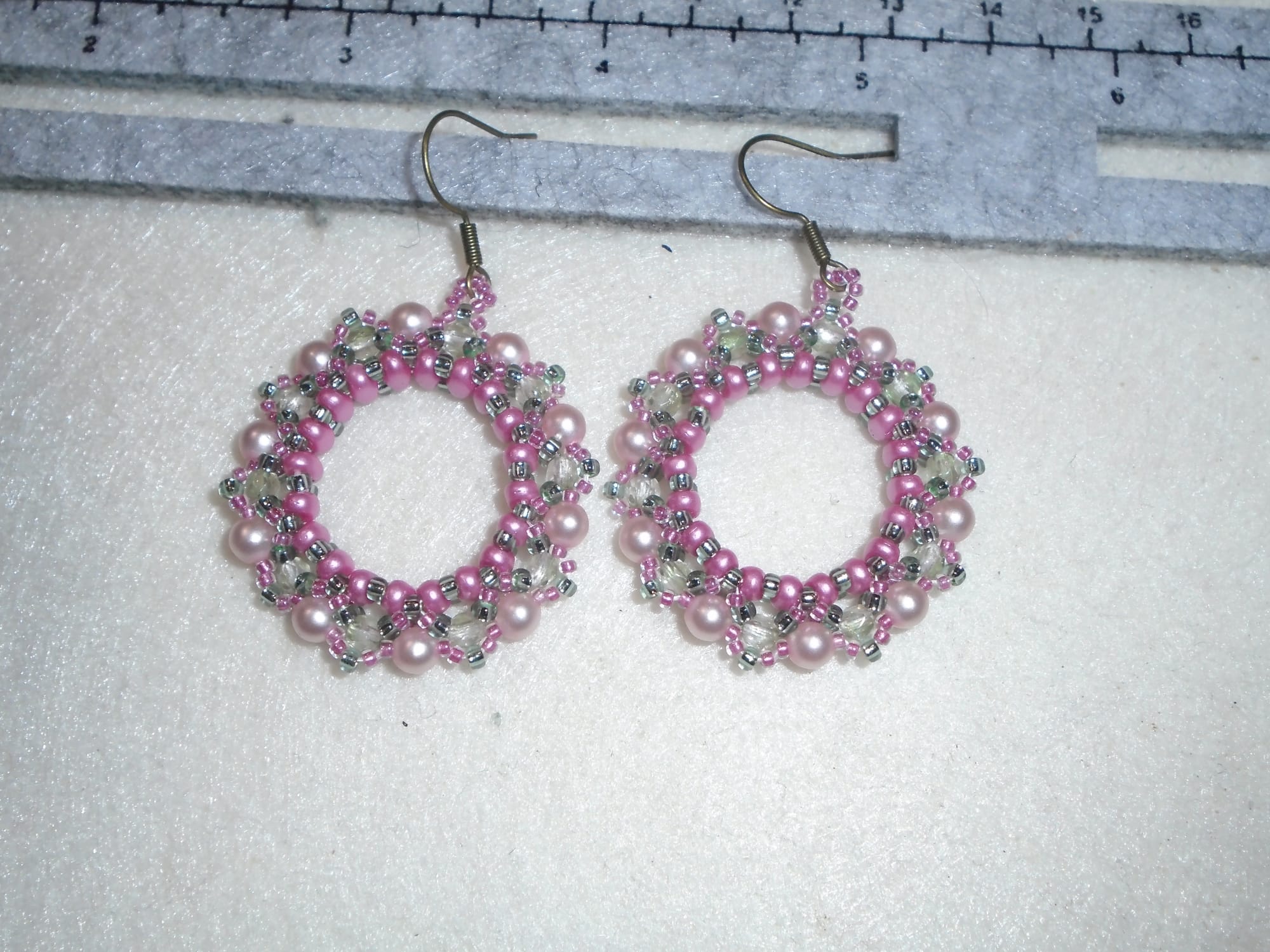 Totally Victorian-inspired wreath earrings in rose pinks and muted greens with antique bronze wires.