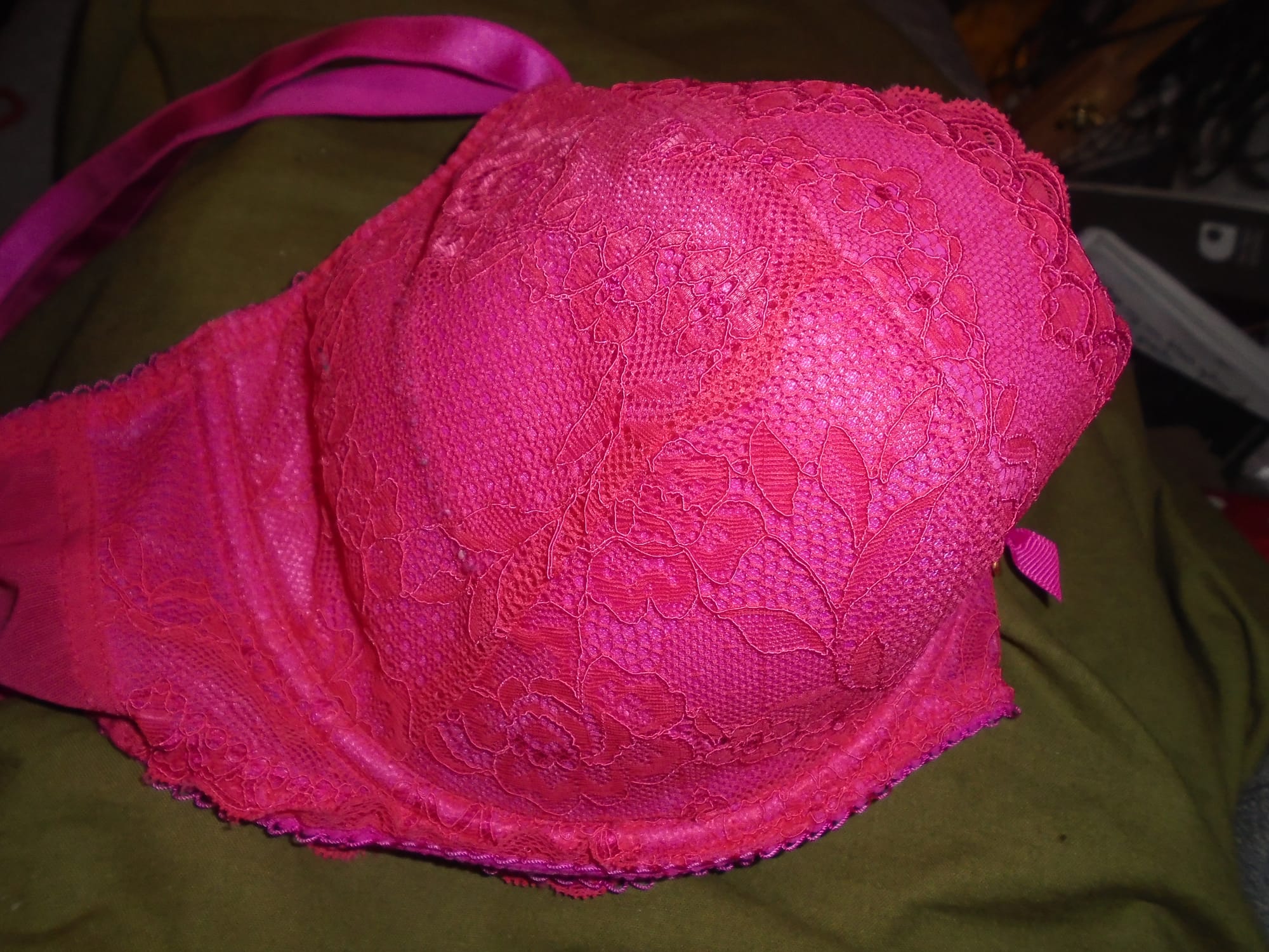 The same bra before dissection.  The outer layer is a floral lace in the same colour as the main bra.