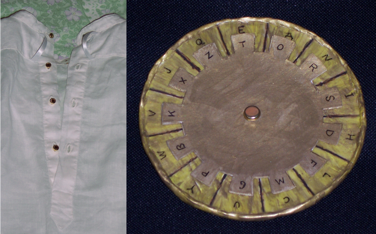 Left: Victorian shirt closure with buttonholes on both sides and studs. Right: code wheel, painted in brass effect.