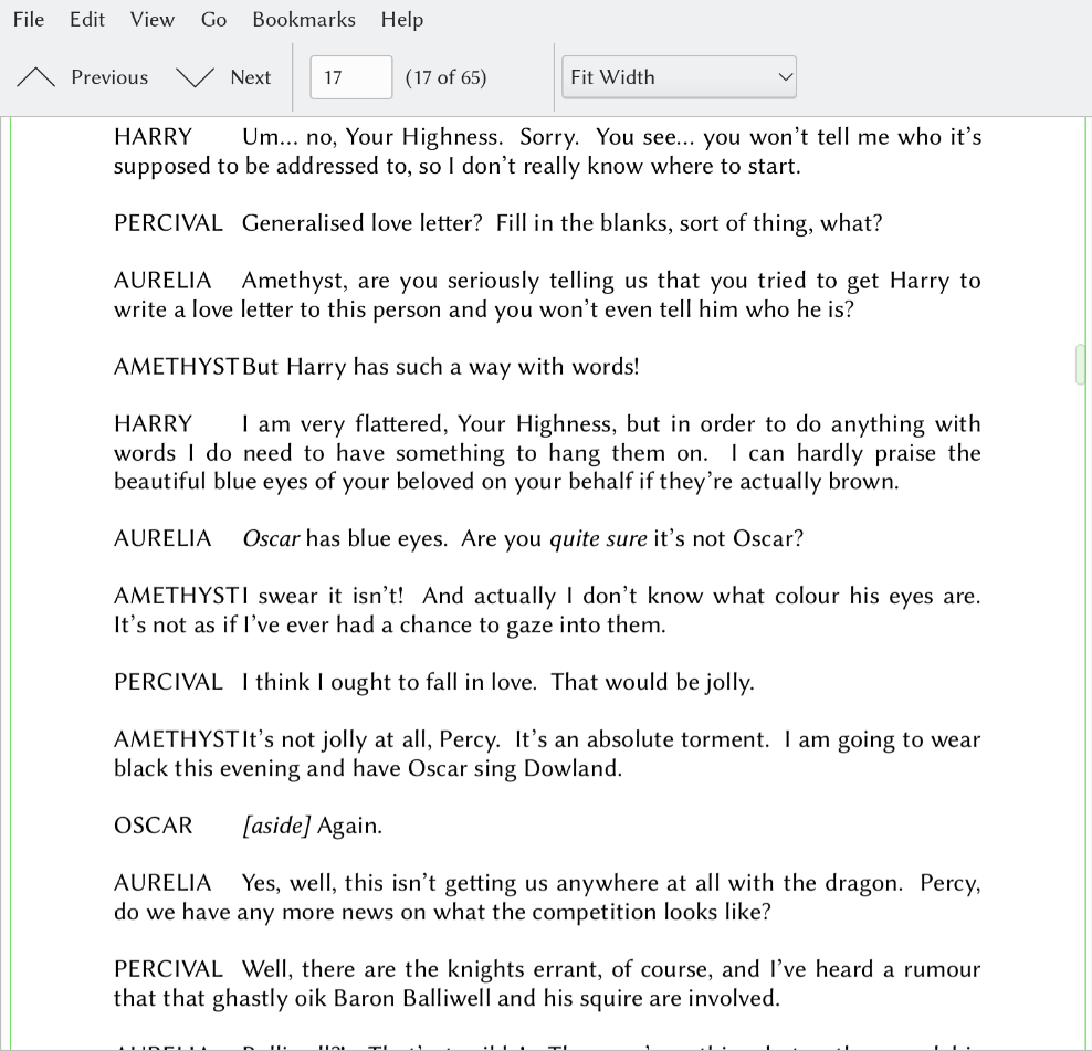 A short excerpt from the script of "Applied Draconics" with five characters talking.