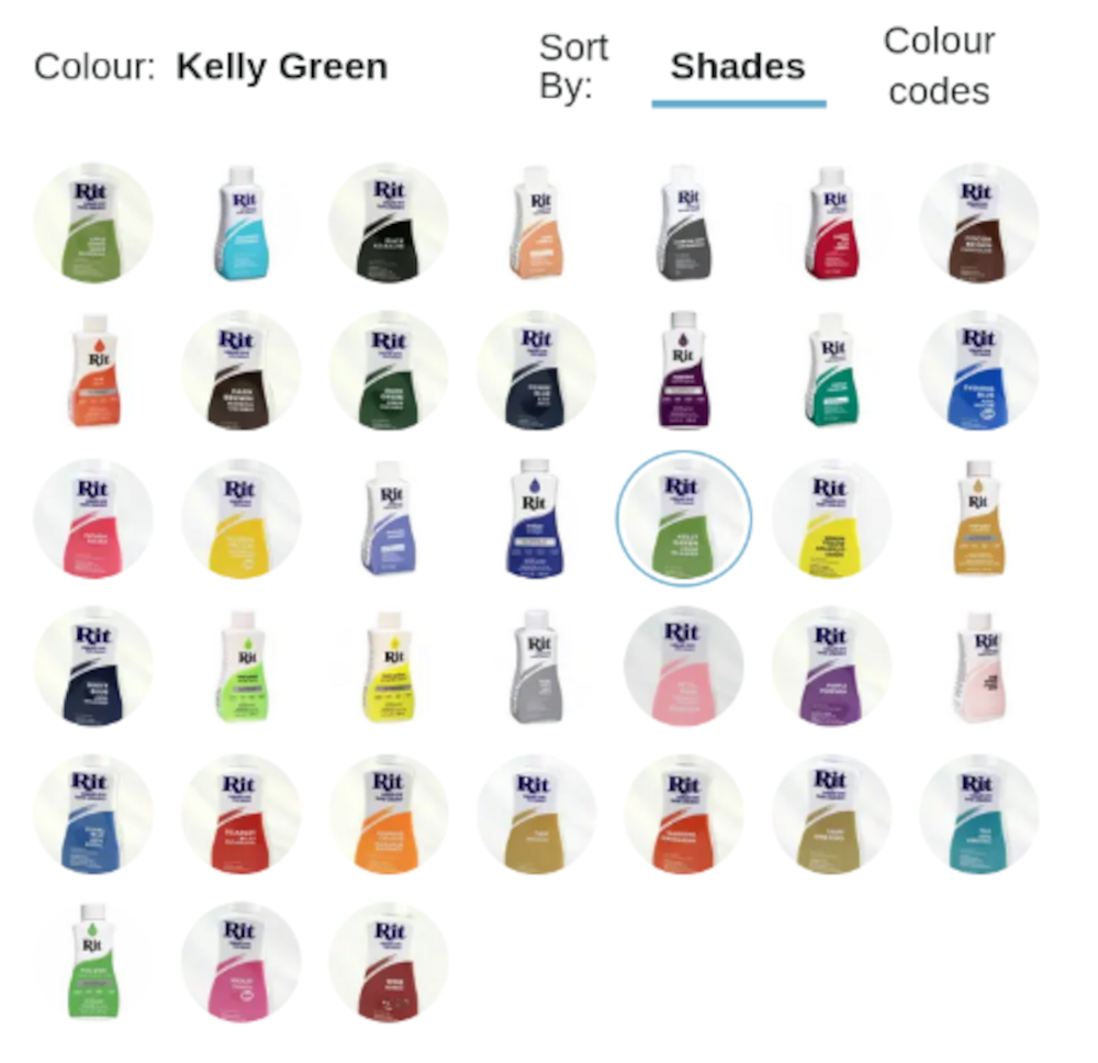 Rit liquid dye in 38 different colours. The Kelly Green is circled.