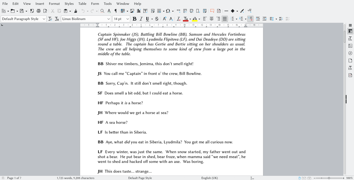 Text chunk in which several pirates are about to eat some stew, which doesn't smell quite right...