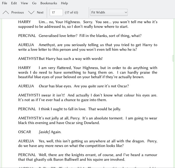 A short excerpt from the script of "Applied Draconics" with five characters talking.