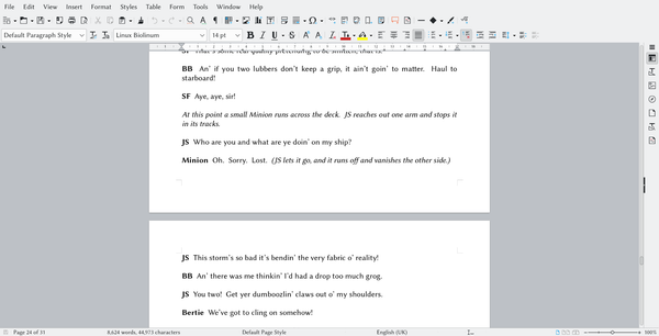 A snippet from the storm scene.  The Minion runs across stage and is stopped and quizzed briefly by the Captain.