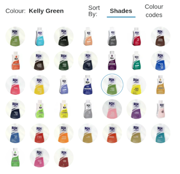 Rit liquid dye in 38 different colours.  The Kelly Green is circled.