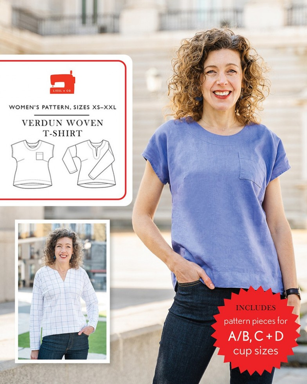 The Verdun woven T-shirt from Liesl & Co.  It comes in two sleeve lengths and neckline variations.