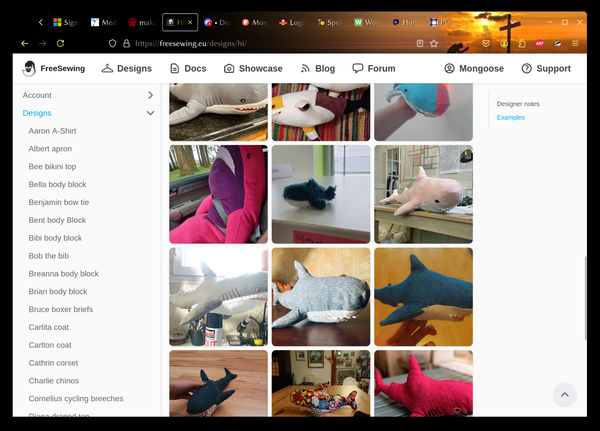 Sample page from freesewing.eu showing cuddly sharks in many sizes and colours.