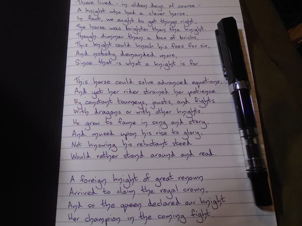 The beginning of a comic poem, written in a lined A5 notebook, showing the pen.  The text is linked later.