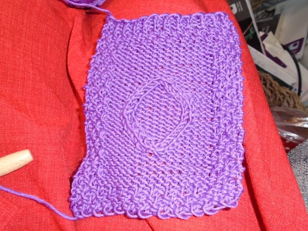 Infinite cable loop done in purple.  It's on the usual reversed stocking stitch background, with an Irish moss border.