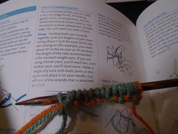 14 stitches (plus the initial double slip knot) cast on using a green yarn, with the second strand in orange for clarity.