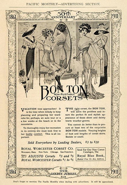 Vintage corset advertisement.  These corsets are underbust, advertised as non-rustable, and... very girdle-like.
